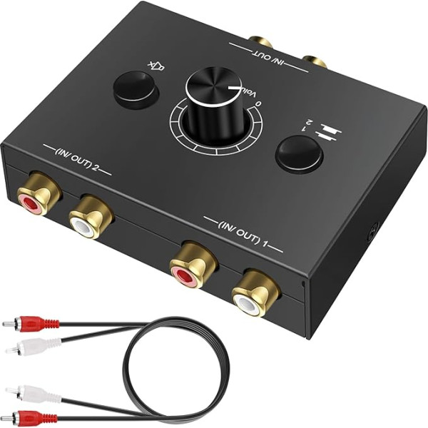 RCA Audio Switch 2 (1) In 1 (2) Out No External Power Required Stereo Speaker Splitter Converter Box with Volume Control Mute Button Plug and Play for CD Player