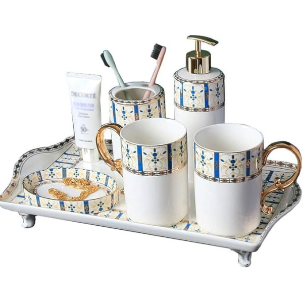 PIAOLING Quality Bathroom Accessories Kit Luxury European Style Gold Plated Ceramic Bathroom Accessories with Soap/Lotion Dispenser, Toothbrush Holder, Tumbler, Soap Holder Household Hotel