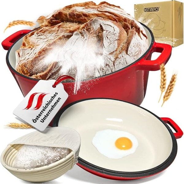 2-in-1 Cast Iron Pot [Lid Can Be Used as a Pan] - High-Quality Enamel Roasting Dish 26 cm - Cast Iron Pot with Pan Lid, Multitalent for Cooking & Baking, Dutch Oven, Bread Baking Pot (Red)