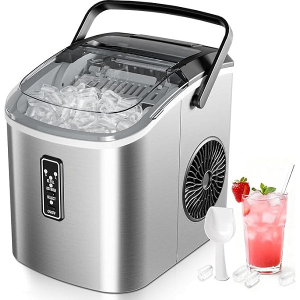 EUHOMY Ice Cube Maker: 9 Ice Cubes in 6 Minutes Self-Cleaning 2 Ice Sizes 12kg/24 Hours Ice Maker with Handle/Scoop/Basket, Stainless Steel