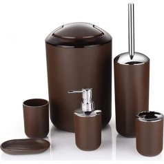 6 Piece Plastic Bathroom Accessories Set, Luxury Bathroom Accessories, Bath Set, Lotion Bottles, Toothbrush Holder, Toothbrush Cup, Soap Dish, Toilet Brush, Trash Can (Brown)