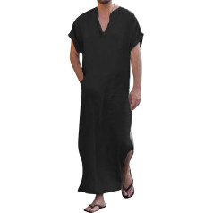 YAOHUOLE Men's V-Neck Kaftan with Side Split, Short Sleeve Cotton Robe with Pockets, 01 black, l
