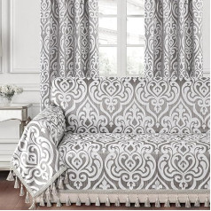 ‎Loom And Mill Loom and Mill Luxury Modern Sofa Covers, Elegant Damask Couch Cover, Sofa Throw with Tassels for 2-3 Pillows, Couch Covers, Sofa Slipcover for Dogs, Silver Grey, 71 x 118 Inch