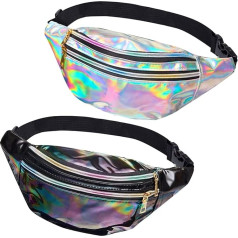 JunD Pack of 2 Women's Metallic Belt Bag Women's Holographic Bum Bag Women's PU Leather Waterproof Reflective Bum Bag 80s & 90s Retro Bum Bag, Silver + Black