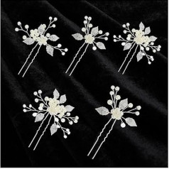 ZoeTekway Pack of 5 Luxury Wedding Flower Hair Pins, Wedding Hair Accessories Beads, Bridal Pearl Hair Accessories, Silver Hair Clips for Bride and Bridesmaid