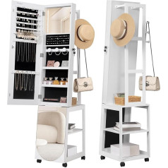 Hzuaneri JC37603B Jewellery Cabinet with Hanger, Lockable Vertical Jewellery Mirror Cabinet, 4 Wheels, 360° Rotation, Illuminated Beads, Shelves, White and Black