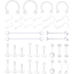WillTen 38 Pieces Bioflex Piercing Nose Stud Nose Ring Earrings, Plastic Piercing for Surgical Plastic Nose Studs, Plastic Earrings for School, Labret Piercing, Bioflex Belly Button Piercing,