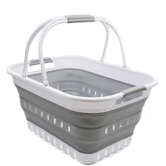 SAMMART 29L Foldable Tub with Handle - Portable Outdoor Picnic Basket - Foldable Shopping Bag - Space Saving Storage Container (1, White/Grey)