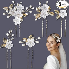 FUKPO Bridal Hair Accessories Wedding White Gold Pack of 5 Flowers Clip Bridal Hair Beads Hair Clip Hair Pins Wedding Leaves
