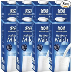 Weihenstephaner Durable Milk Low-Fat H-Milk 1.5% Fat, 1 Litre Each, Pack of 8