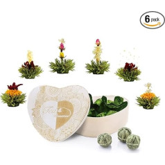 Creano Blooming Tea 6 Tea Flowers in Wooden Heart Shaped Box Green Tea Tea Gift Set