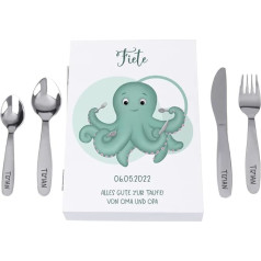 Baby Cutlery with Name – 4-Piece – Includes Wooden Box – Children's Cutlery with Engraving – Personalised Gifts Baby – Children's Cutlery with Name Engraving – Gifts for Birth & Christening