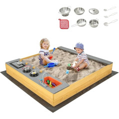 FANTASK Solid Wood Sandpit with 9 Kitchen Accessories & Tap & Sink, Sandbox with Groundsheet