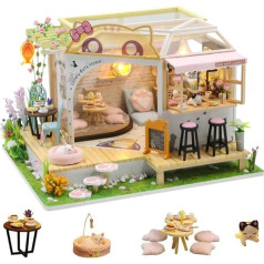 erhumama DIY Dollhouse Miniature Cat Cafe 3D Model Craft Kit Wooden Dollhouse Furniture Lights Accessories (Cafe)