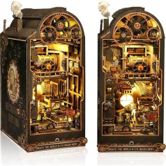 Cuteefun Book Nook DIY Wooden Kit, Miniature Dollhouse Kit, Bookends Model Wooden Kit, Wooden Bookends, Birthday Gift (World with Machines)