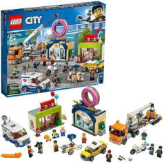 Lego 60233 City Large Doughnut Shop Opening Toy Cars Set with Police Motorcycle, Truck with Crane Trailer and 10 Mini Figures.