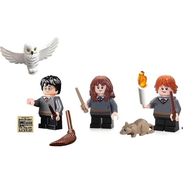 LEGO Harry Potter Minifigure Combo - Harry Potter, Hermione, Ron Weasley (with Wands and Display Stands)