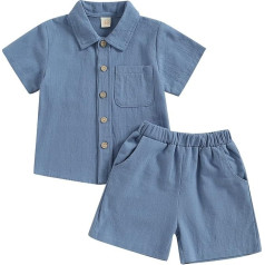 YILEEGOO Kleinkind Baby Jungen Baumwoll-Leinen-Outfit Sommerkleidung Kurzarm Knopfleiste Kleid Hemd Tops Tasche Shorts Set 2-teilig, dunkelblau, 18-24 Months