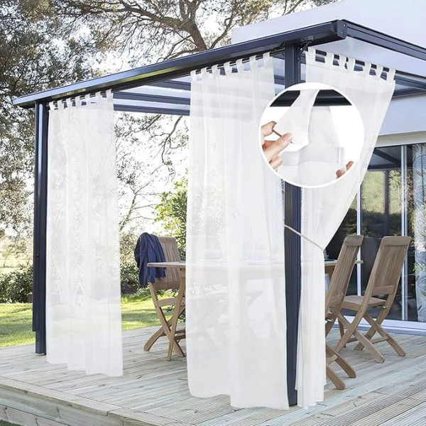 PONY DANCE Outdoor Curtain, Waterproof Set of 2, H 213 x W 137 cm, White Transparent Gazebo Curtains with Removable Loops, Outdoor Curtain for Patio