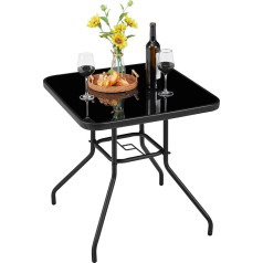 Yaheetech Garden Table Side Table Glass and Metal Bistro Table with Umbrella Hole Coffee Table Easy Care Patio Table Weatherproof 70 cm x 70 cm Black