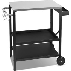 Barbecue Trolley Height Adjustable, Grill Table with 3 Shelves, 6 Hooks, Handle & Spice Rack, Outdoor Kitchen Serving Trolley on Wheels, Stainless Steel Table Top for Garden, Barbecue, Camping