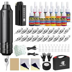 Solong Tattoo Machine Set, Wireless Rotary Tattoo Gun Pen with 20 Cartridges Needles, 14 Inks, Tattoo Machine for Tattoo Beginners and Artists SLP1KIT02D-1