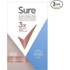 Sure Maximum Protection Clean Scent 96h Protection Deodorant Antiperspirant Cream Stick for 3x Stronger* Sweat Protection 45 ml (Pack of 3)