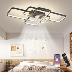 Ceiling Fan with Lighting, LED 80 W Ceiling Fan with Remote Control, Quiet Lamp with Fan, Dimmable, 6 Wind Speed, Ceiling Light for Living Room, Bedroom, Light, Black, 72 cm