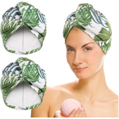 AuroTrends Microfiber Towel, 2 Pack Printed Hair Wraps for Women, Hair Drying, Towels with Loop and Button, Thin Quick Dry Hair Towels for Wet Hair, Set of 2 (Palms)