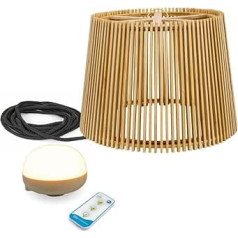 Licht-Erlebnisse Battery Pendant Light Outdoor LED Wood Metal Diameter 39 cm Round IP54 Dimmer Remote Control 2700 K Wireless Outdoor Light Balcony Patio Garden
