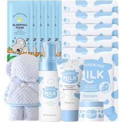 Milk Skin Care for Teen Girls, Skin Care Kits and Kits with Sleep Mask, Face Mask, Cream, Cleanser, Mousse, Towel - Valentine's Day Gift for Her
