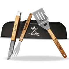 Personalised barbecue cutlery set with engraving made of acacia wood, stainless steel with bag, barbecue tongs, personalised barbecue utensils, barbecue tongs, wooden handle, barbecue tool