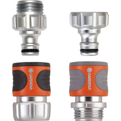 Gardena 39042-M 4-Piece Metal Quick Coupling Starter Kit for Garden Hoses, Quick Couplings and Accessories in Seconds, Includes Leak-Proof Adapters for Plug and Socket