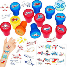 36 Stück Flugzeug-Partygeschenke, 24 Tattoos, Aufkleber, 12 Stempel-Set – ideales Flugzeug-Themen-Geburtstagskarten-Dekorationen, Geschenktüte, niedliche Belohnungen für Mädchen, Klassenzimmer,