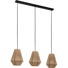 EGLO Alderney Dining Table Pendant Light, 3-Bulb Pendant Lamp for Living Room and Dining Room, Textile Dining Room Lamp Made of Hemp in Natural and Metal in Black, Hanging Lamp with E27 Socket