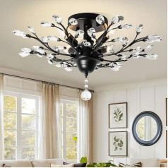 Ganeed Vintage K9 Clear Crystal Chandeliers,Ceiling Lighting,Pendant Lighting Flush Mounted Fixture with 4 Light for Living Room Dinning Room Restaurant Porch Hallway (Black)