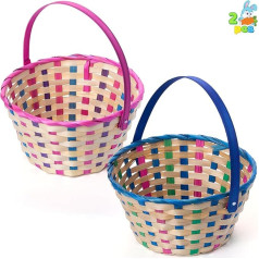 JOYIN 2 Pack Bamboo Checked Round Woven Empty Easter Basket with Foldable Handle for Easter Egg Hunt, Kids Parties, Picnics and Party Favors