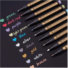 Set of 10 Premium Fine Tip Metallic Marker Pens, Assorted Colours, for Making Cards, DIY Photo Albums, Wedding Guest Books, Paper, Glass, Plastic, Stone