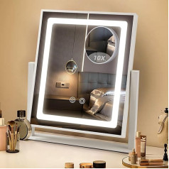 Hollywood Make-Up Mirror with Lighting, 3 Colour Temperatures, Adjustable Light, 360° Rotation, Touch Control, Plug-in, Removable 10x Magnification Mirror