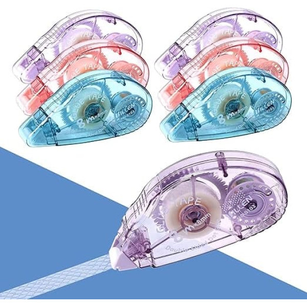 Pack of 6 Adhesive Rollers, 8 m x 8 mm Photo Adhesive Roller, Double-Sided Tape, Transparent Adhesive Mouse, Self-Adhesive for DIY Crafts, Scrapbooking, Envelope Closures (Pink, Purple, Blue)