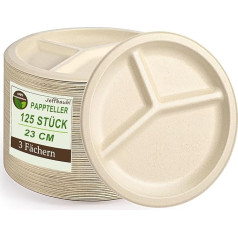 Jeffbaubl Pack of 125 Paper Plates with 3 Compartments, 100% Compostable Bagasse Disposable Plates, 22.5 cm Environmentally Friendly Disposable Paper Plates, 3 Divided Paper Plates for Birthday Party