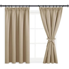DWCN Window Decoration Curtains with Ruffle Tape, Opaque, Living Room, with Curtain Ties, Blackout Curtains, Short Thermal Curtains, Heat-Insulating, 137 x 167 cm (H x W), Taupe, Set of 2
