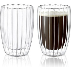 Joeyan 450 ml Ribbed Double-Walled Coffee Glasses, Set of 2 Latte Macchiato Glasses, Ribbed Aesthetic Iced Coffee Water Glasses, Origami Style Glass Cups for Cold Hot Drink, Tea, Ice Cream, Milk,