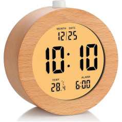 Plumeet Wooden Digital Alarm Clock, 10 cm Battery Operated Alarm Clock with Snooze and Night Light, Electronic LCD Table Clock with Time, Date, Temperature, 12/24 Hour Display, Wooden Decoration,