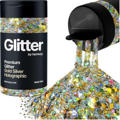 Gold Silver Holographic 5 Size Glitter Mix 120 g / 4.2 oz Fine Coarse Metallic Resin Craft Multi-Size Glitter Sequin Shaker for Epoxy, Hair, Face, Body, Eye, Nail Art, Festival