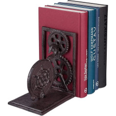 Relaxdays Retro Cast Iron Bookend Bookend DVDs Gears Steering Wheel Decorative Book Angle 16 x 13 x 10 cm Brown