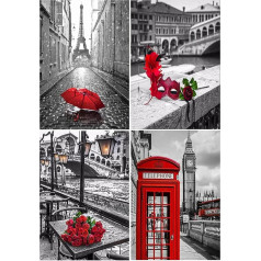 DCIDBEI 4 x Diamond Painting Landscape 30 x 40 cm - Eiffel Tower, London Bus, Venetian Mask, Cross Stitch Bridge Rialto (Ponte di Rialto)