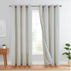 TOPICK Linen Striped Curtains, Blue Striped Curtains with Eyelets, Ticking Stripes Pattern, Linen Look Curtains, Light Filtering for Living Room, Pinstripe Curtain, Opaque, Pack of 2, 130 x 225 cm