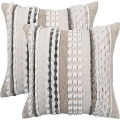 Set of 2 Boho Striped Cushion Covers, Chenille, Soft Corduroy Cushion Cover, 45 x 45 cm, Plush Cotton and Linen for Sofa, Bed, Garden, Balcony, Bedroom, White