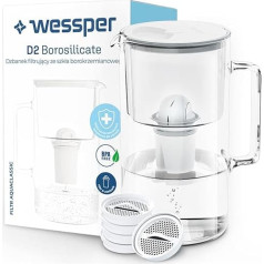 Wessper Glass Water Filter Jug 2.5 L | Replacement for Aquaphor Standard, Brita Classic, Dafi Classic Filter Cartridge | Water Filter 5 x Filter Disc Replacement and 1 x Cartridge AquaClassic - White